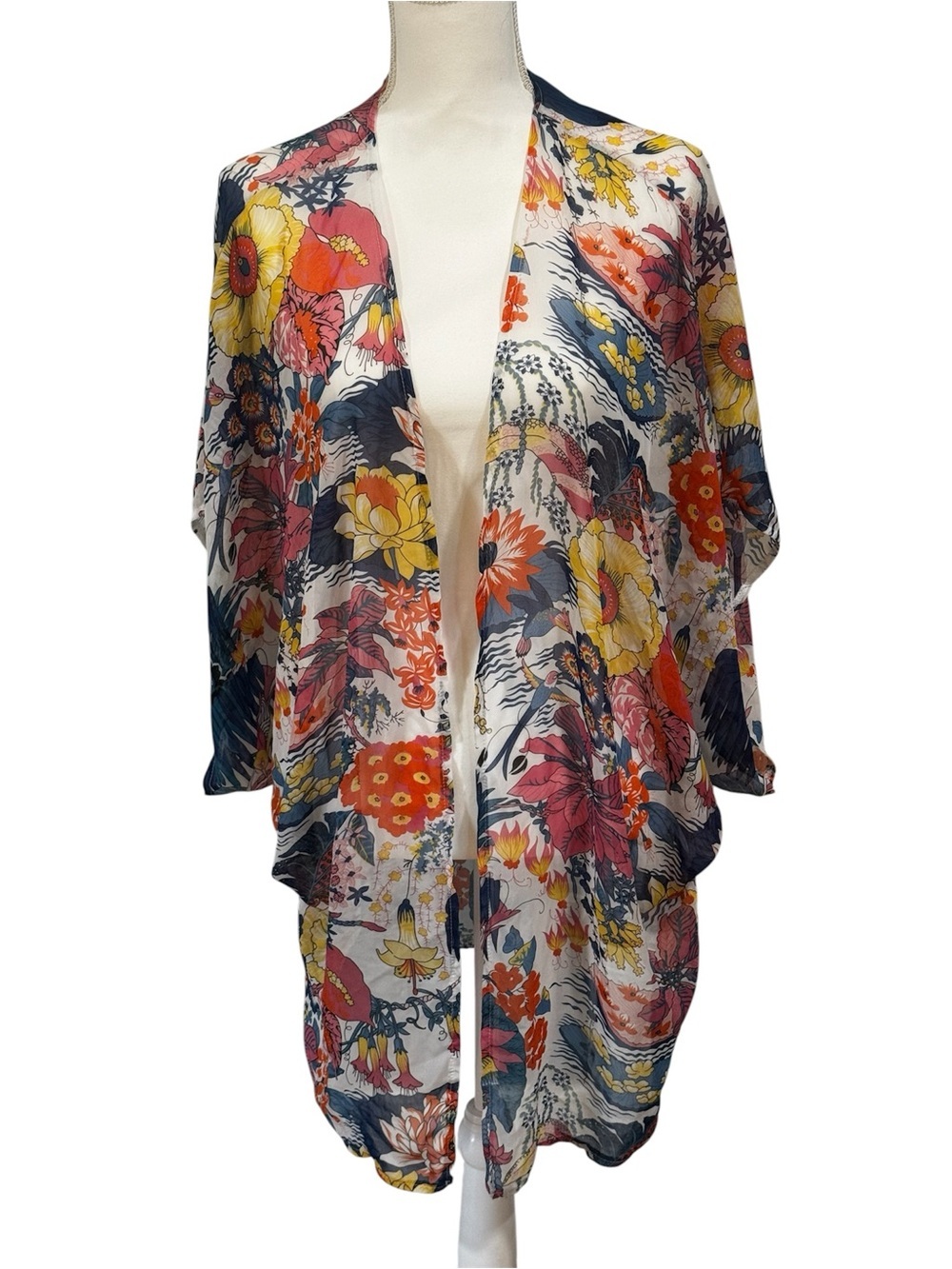 Sheer Floral Lightweight Swim Cover-Up in White Pink Navy Yellow & Coral, OS.